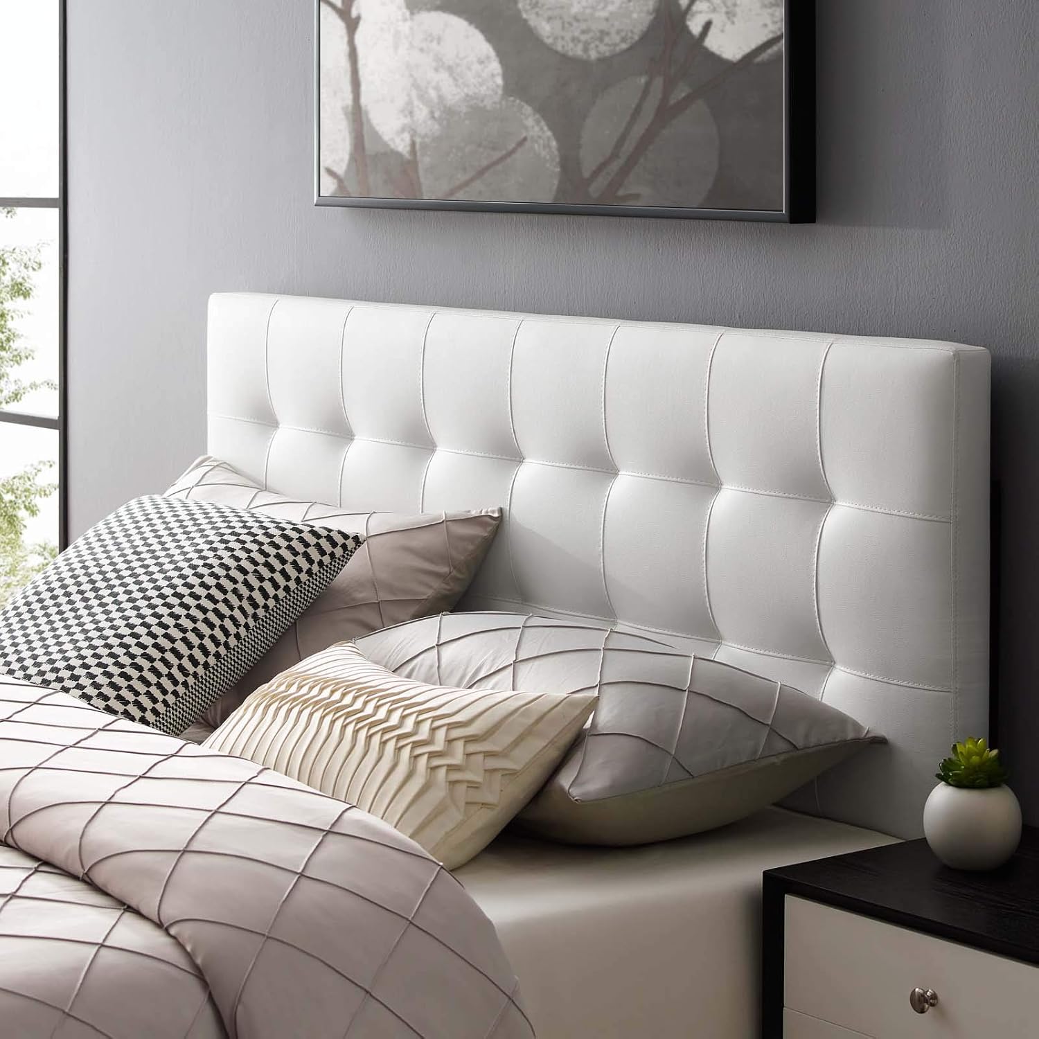 Installing Modway Queen Headboard White Tufted Faux Leather Modern on a wooden bed frame