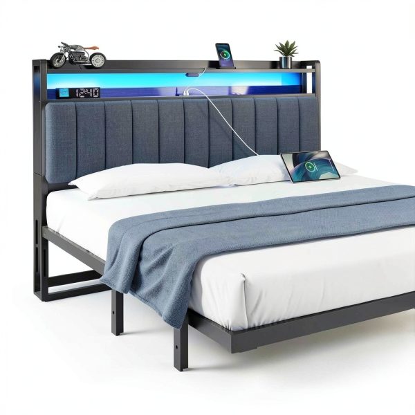 Rolanstar Queen Headboard Linen Fabric LED Storage-3