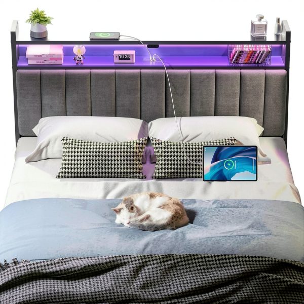 Rolanstar Queen Headboard Linen Fabric LED Storage-5