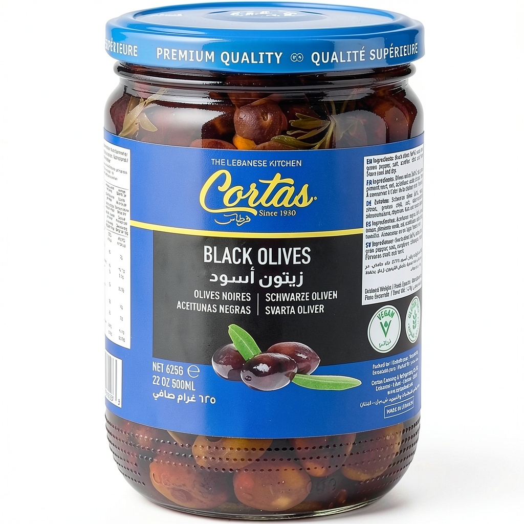 Cortas Whole Black Olives in a bowl with fresh ingredients