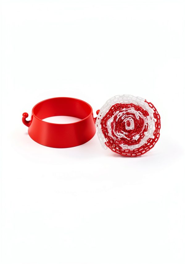 Plastic Safety Chain Barrier 32 Feet with 6 Cone Connectors, Traffic Chain Links for Driveway Parking, Crowd Control, Red & White-2