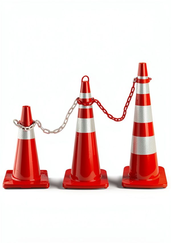 Plastic Safety Chain Barrier 32 Feet with 6 Cone Connectors, Traffic Chain Links for Driveway Parking, Crowd Control, Red & White-3
