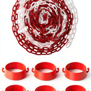 Plastic Safety Chain Barrier 32 Feet with 6 Cone Connectors, Traffic Chain Links for Driveway Parking, Crowd Control, Red & White-0