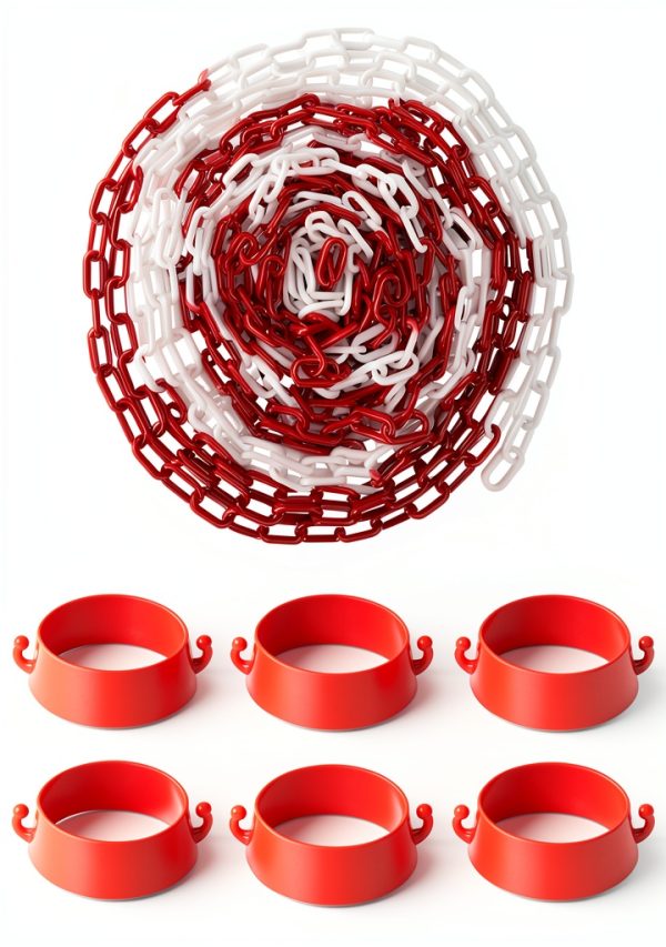 Plastic Safety Chain Barrier 32 Feet with 6 Cone Connectors, Traffic Chain Links for Driveway Parking, Crowd Control, Red & White-0